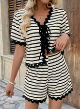 Conjunto Feminino Casual Listrado Com Rendas