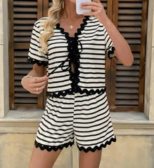 Conjunto Feminino Casual Listrado Com Rendas