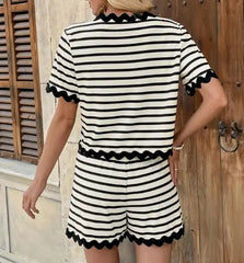 Conjunto Feminino Casual Listrado Com Rendas