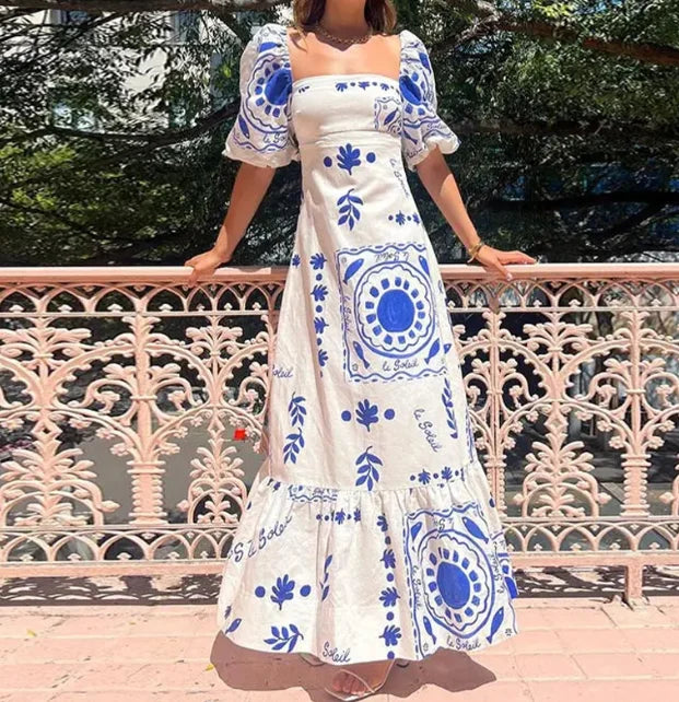 Vestido Feminino Longo Estampado Ombro a Ombro